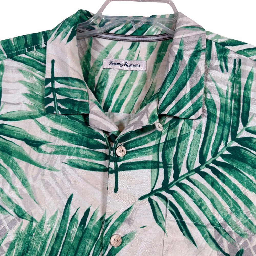 Tommy Bahama Silk Button Down Mens Large Green Tropical Palm Leaf Camp Shirt
